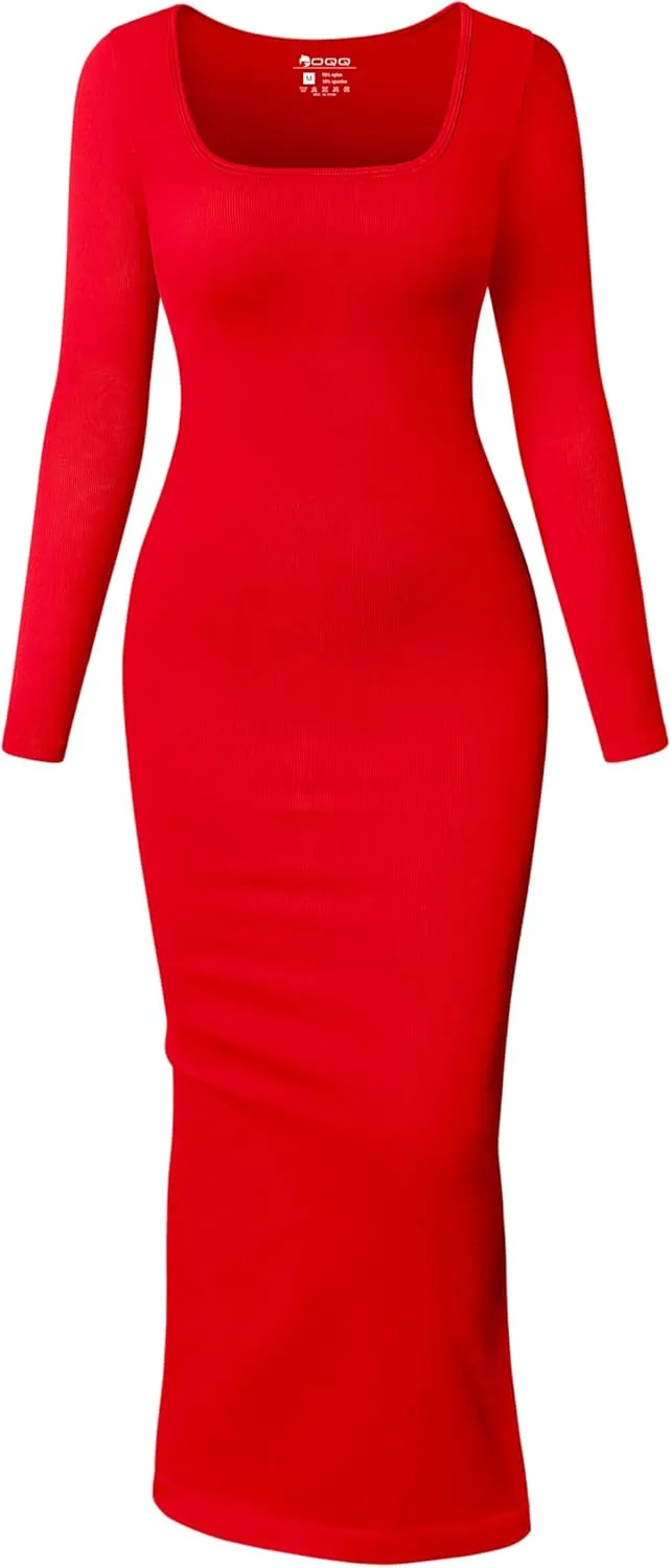 OQQ Women's Long Sleeve Maxi Dress Square Neck Ribbed Bodycon Lounge Soft Dresses