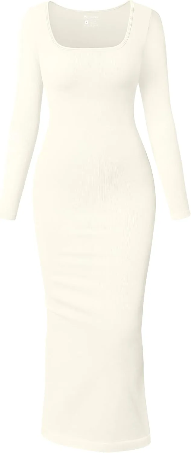 OQQ Women's Long Sleeve Maxi Dress Square Neck Ribbed Bodycon Lounge Soft Dresses