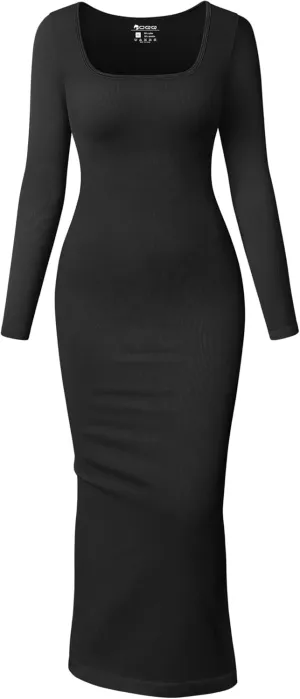 OQQ Women's Long Sleeve Maxi Dress Square Neck Ribbed Bodycon Lounge Soft Dresses