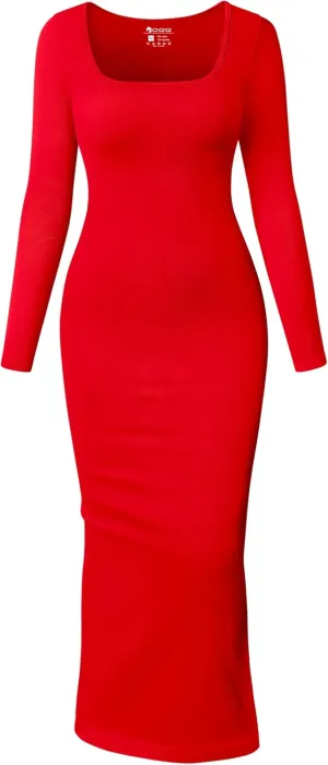 OQQ Women's Long Sleeve Maxi Dress Square Neck Ribbed Bodycon Lounge Soft Dresses