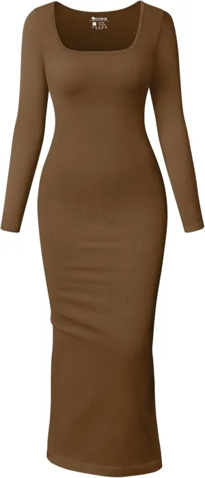 OQQ Women's Long Sleeve Maxi Dress Square Neck Ribbed Bodycon Lounge Soft Dresses
