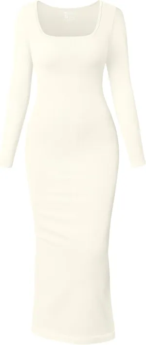 OQQ Women's Long Sleeve Maxi Dress Square Neck Ribbed Bodycon Lounge Soft Dresses