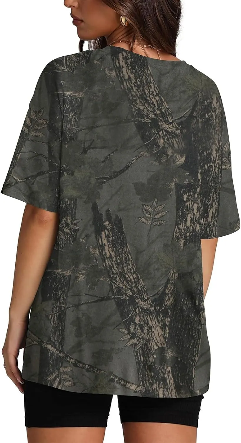 Oversized Camo T Shirts for Women Maple Leaf Print Shirt Crew Neck Trendy Blouses Loose Casual Tee Tops for Beach