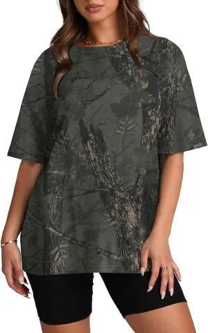 Oversized Camo T Shirts for Women Maple Leaf Print Shirt Crew Neck Trendy Blouses Loose Casual Tee Tops for Beach