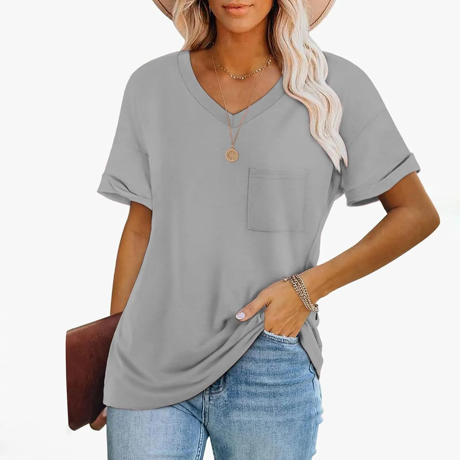 Oversized Tshirts for Women Plain V Neck Cotton T Shirts Casual Loose Short Sleeve Shirts Basic Tees Cute Summer Tops