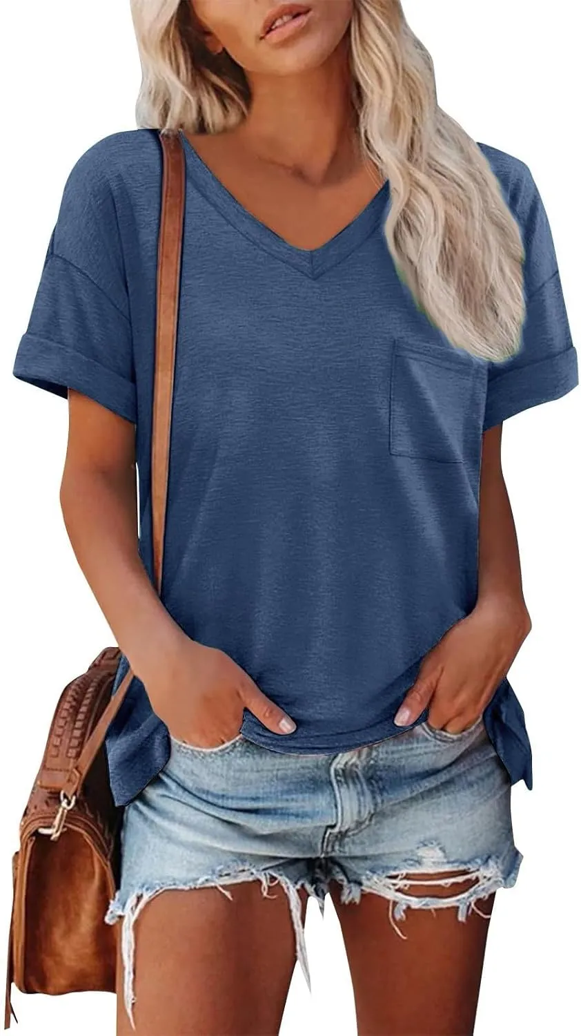 Oversized Tshirts for Women Plain V Neck Cotton T Shirts Casual Loose Short Sleeve Shirts Basic Tees Cute Summer Tops