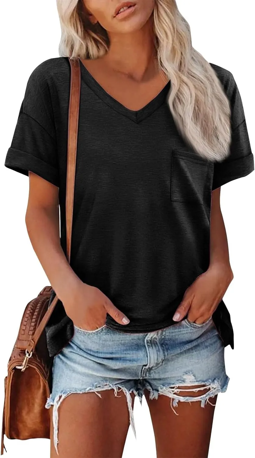 Oversized Tshirts for Women Plain V Neck Cotton T Shirts Casual Loose Short Sleeve Shirts Basic Tees Cute Summer Tops