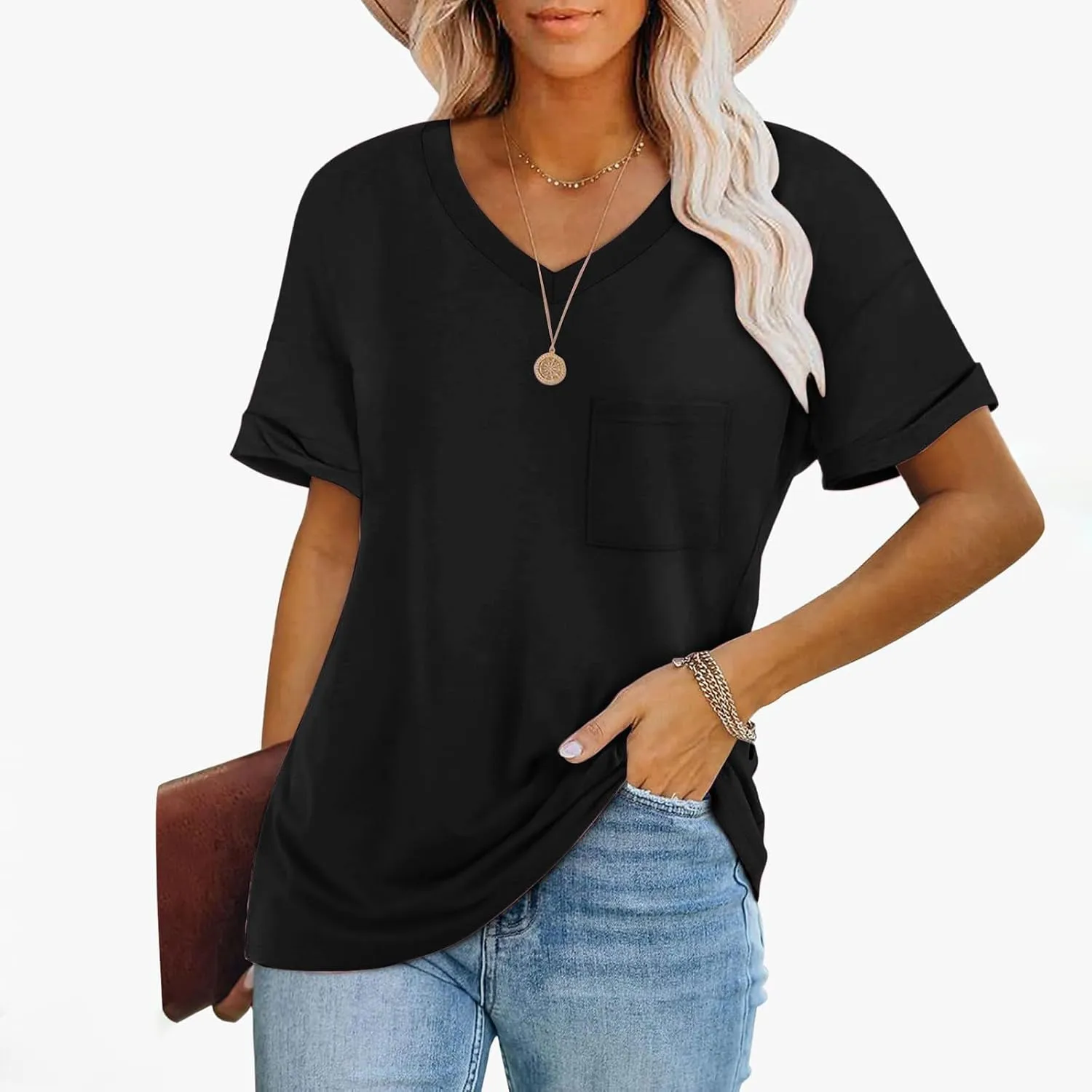 Oversized Tshirts for Women Plain V Neck Cotton T Shirts Casual Loose Short Sleeve Shirts Basic Tees Cute Summer Tops