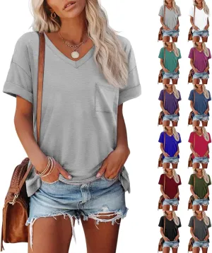 Oversized Tshirts for Women Plain V Neck Cotton T Shirts Casual Loose Short Sleeve Shirts Basic Tees Cute Summer Tops
