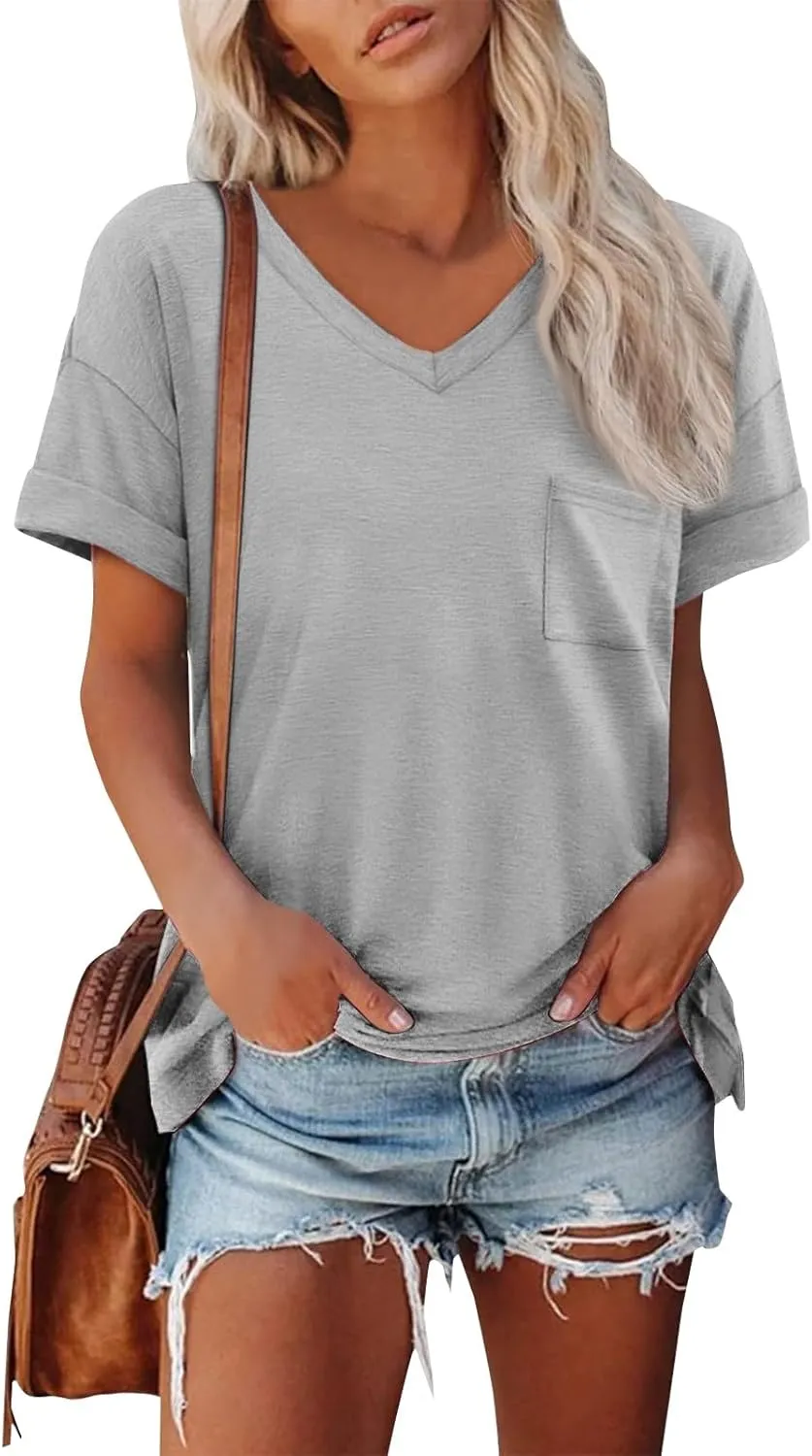 Oversized Tshirts for Women Plain V Neck Cotton T Shirts Casual Loose Short Sleeve Shirts Basic Tees Cute Summer Tops