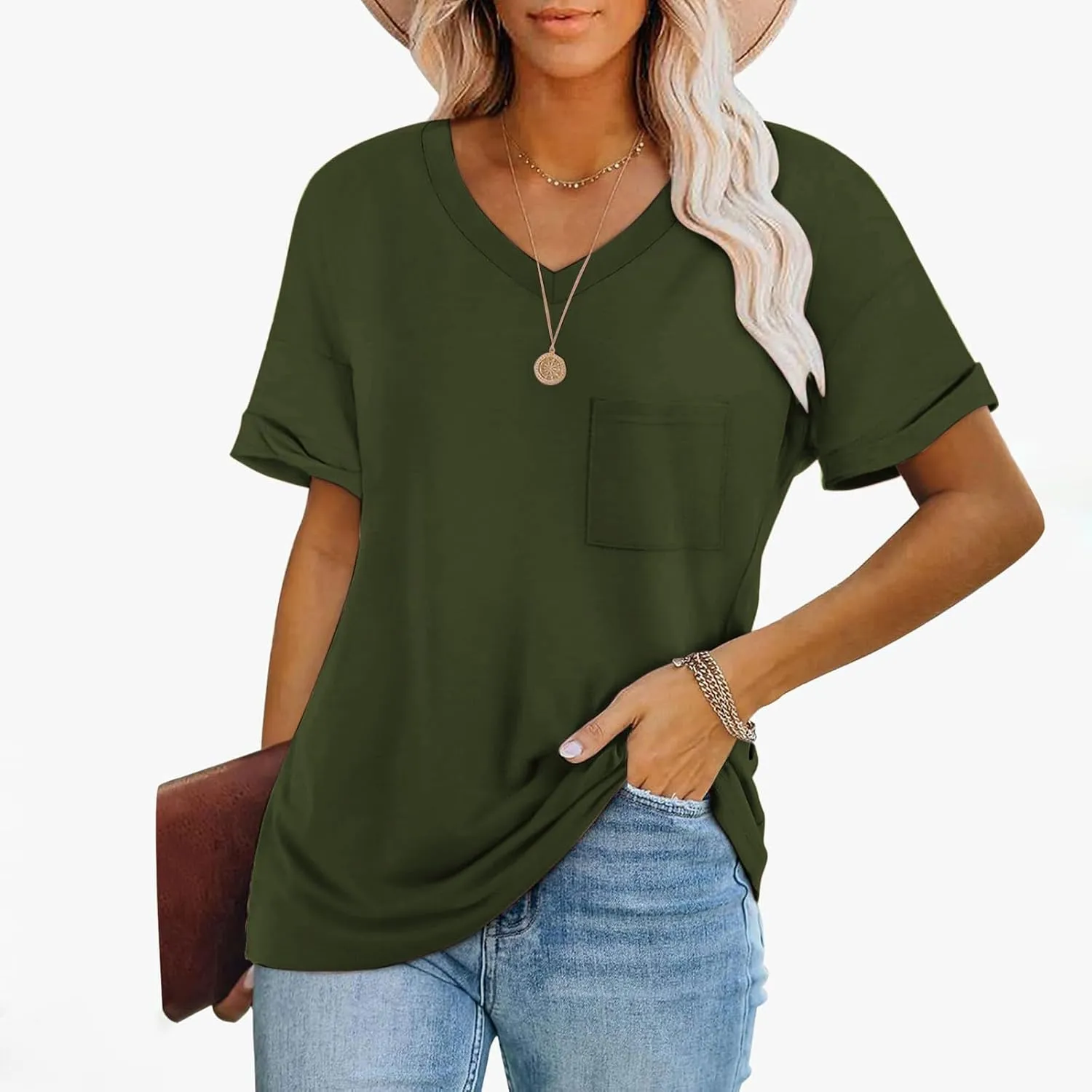 Oversized Tshirts for Women Plain V Neck Cotton T Shirts Casual Loose Short Sleeve Shirts Basic Tees Cute Summer Tops