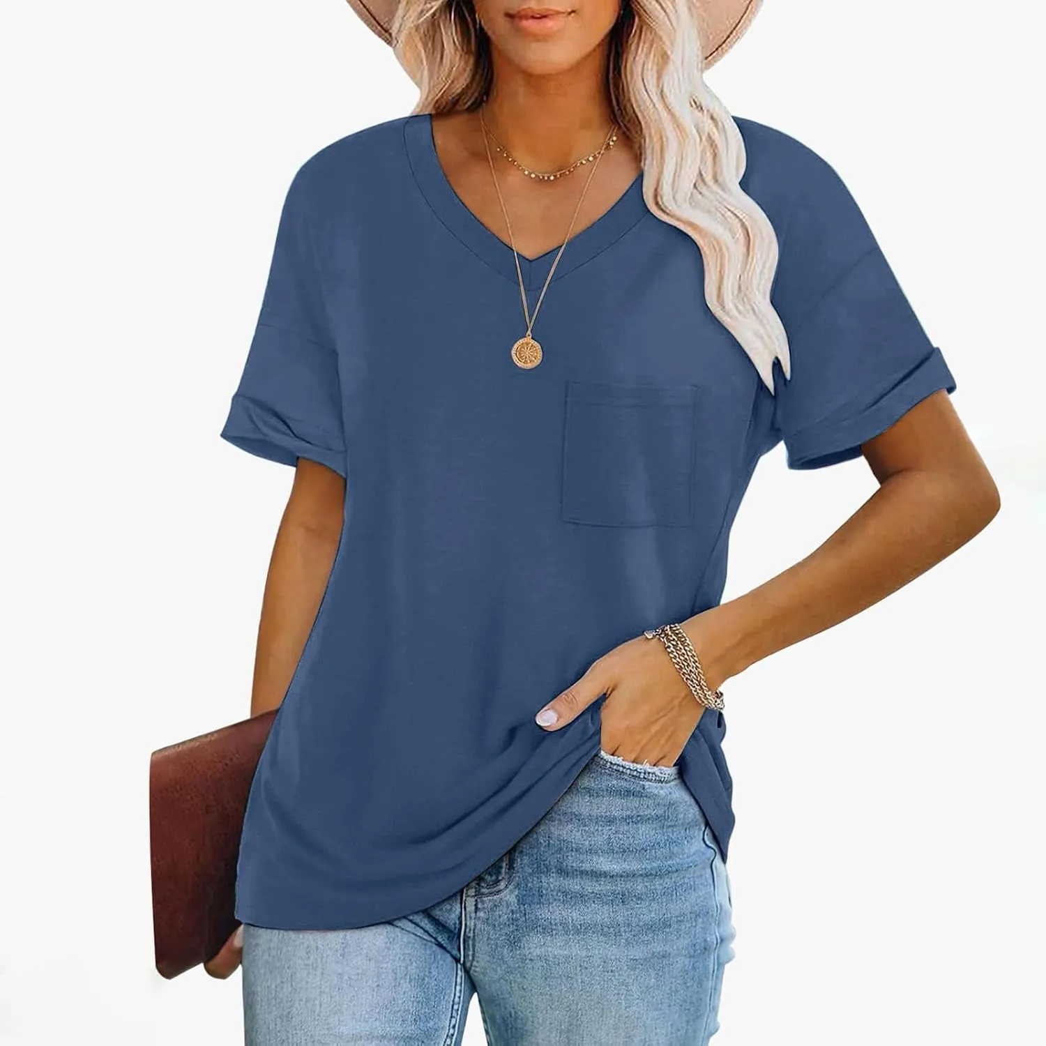 Oversized Tshirts for Women Plain V Neck Cotton T Shirts Casual Loose Short Sleeve Shirts Basic Tees Cute Summer Tops