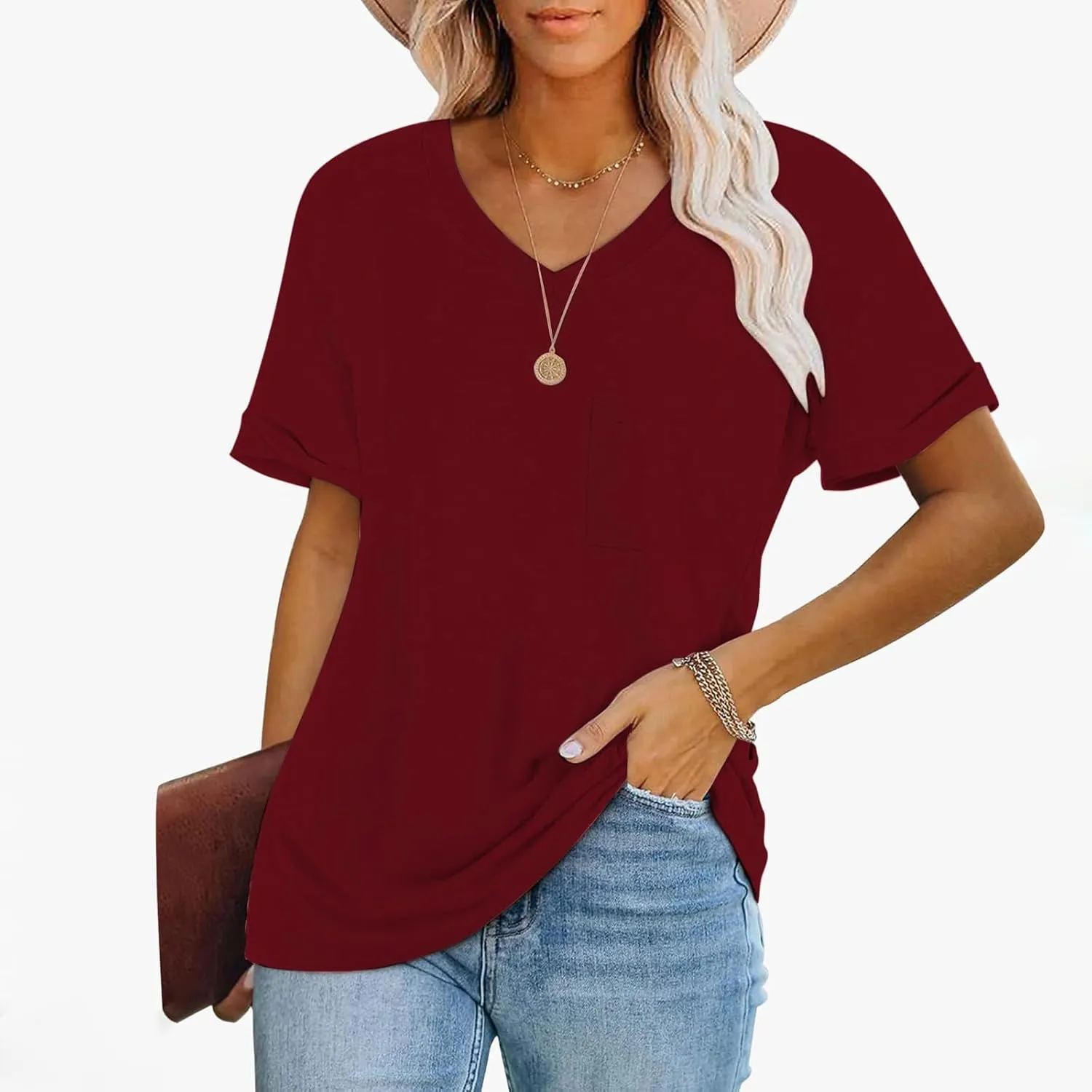 Oversized Tshirts for Women Plain V Neck Cotton T Shirts Casual Loose Short Sleeve Shirts Basic Tees Cute Summer Tops