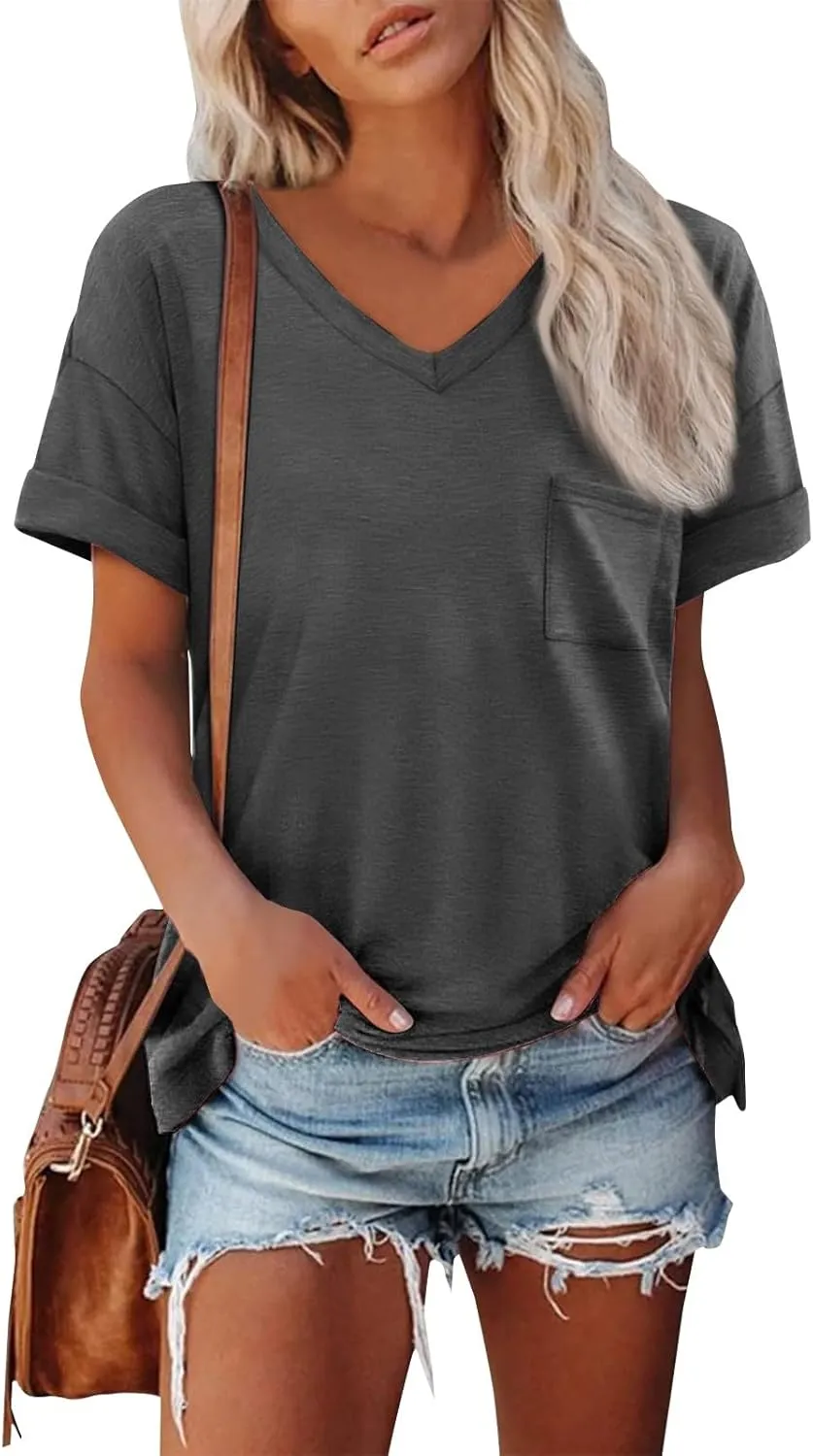 Oversized Tshirts for Women Plain V Neck Cotton T Shirts Casual Loose Short Sleeve Shirts Basic Tees Cute Summer Tops