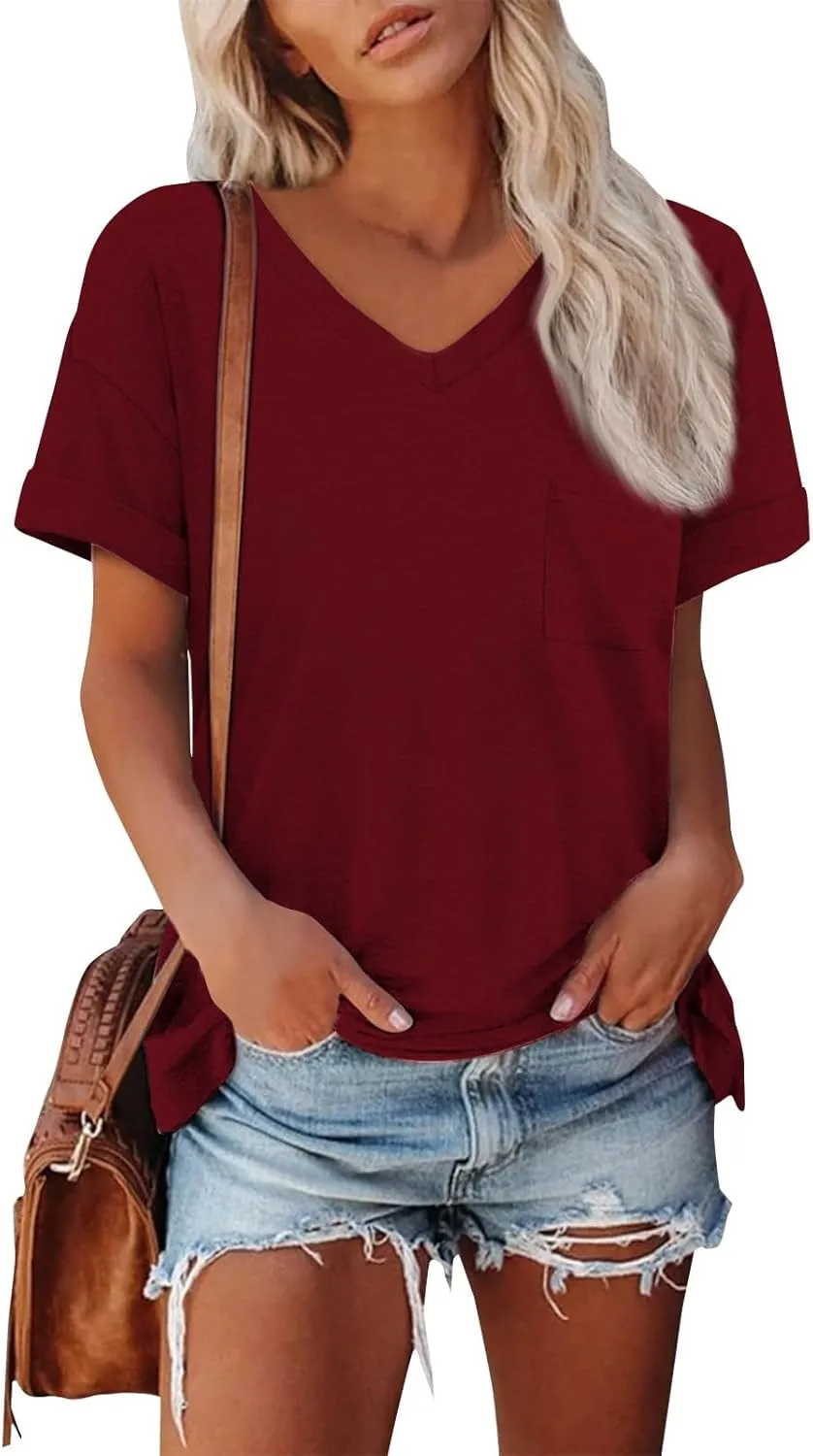 Oversized Tshirts for Women Plain V Neck Cotton T Shirts Casual Loose Short Sleeve Shirts Basic Tees Cute Summer Tops