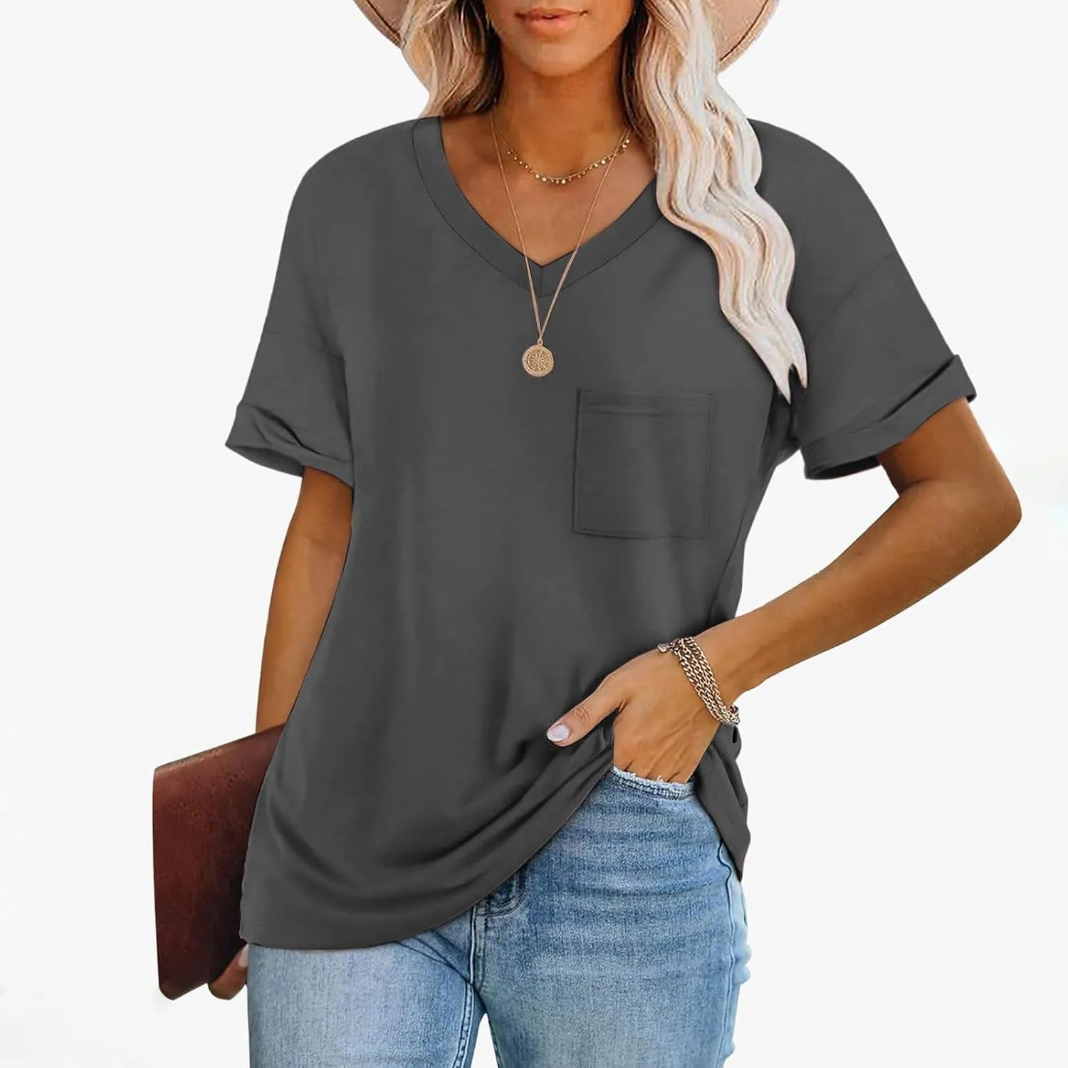 Oversized Tshirts for Women Plain V Neck Cotton T Shirts Casual Loose Short Sleeve Shirts Basic Tees Cute Summer Tops