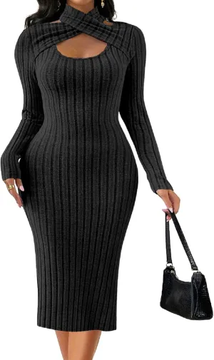 Oxgmoky Women Bodycon Ribbed Sweater Dress Sexy Sleeveless Stretchy Pullover Dresses