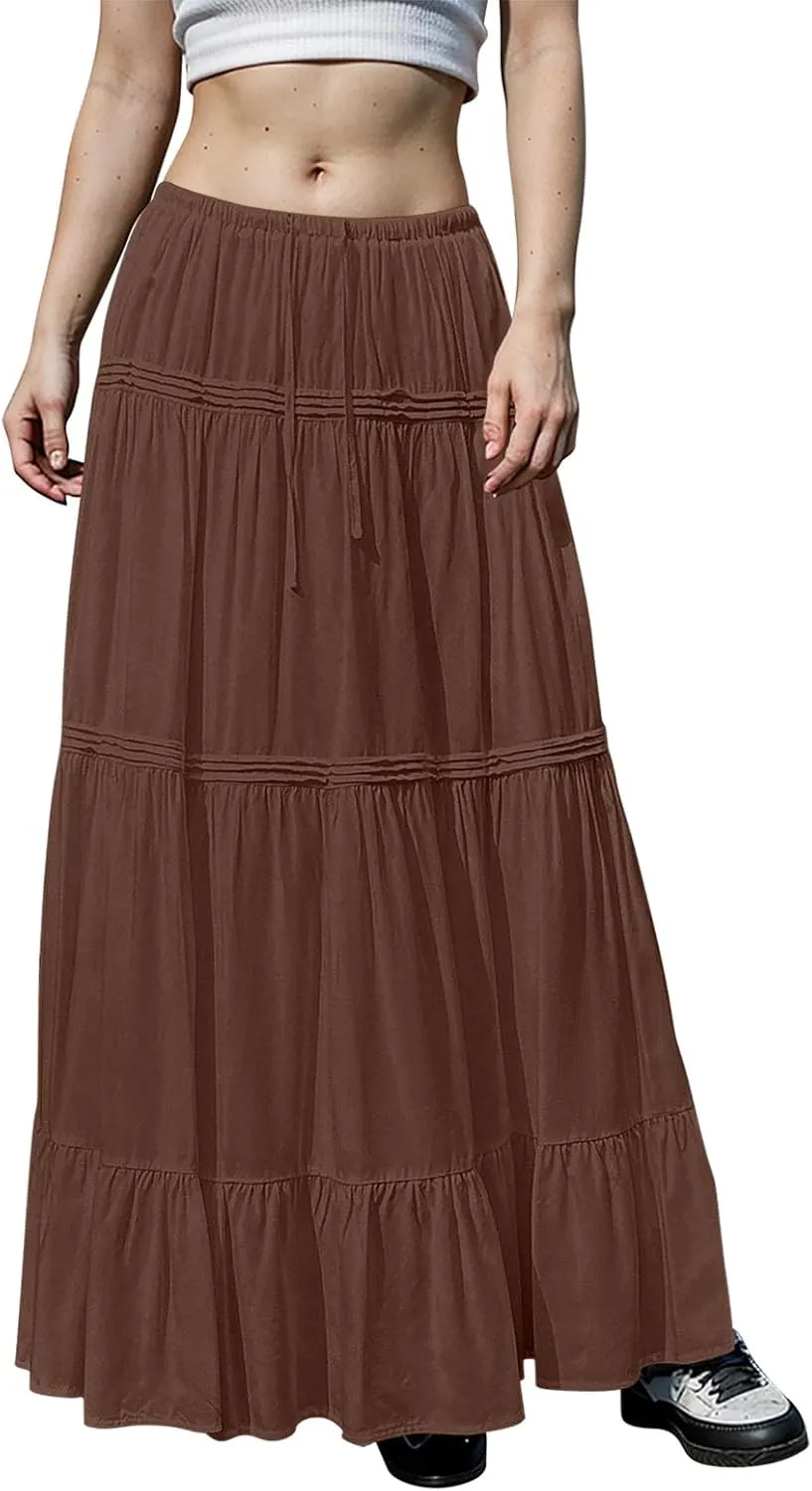 Pleated Linen Skirts for Women Summer Casual Elastic High Waisted Long Skirts A-Line Flowy Swing Maxi Skirt with Pockets