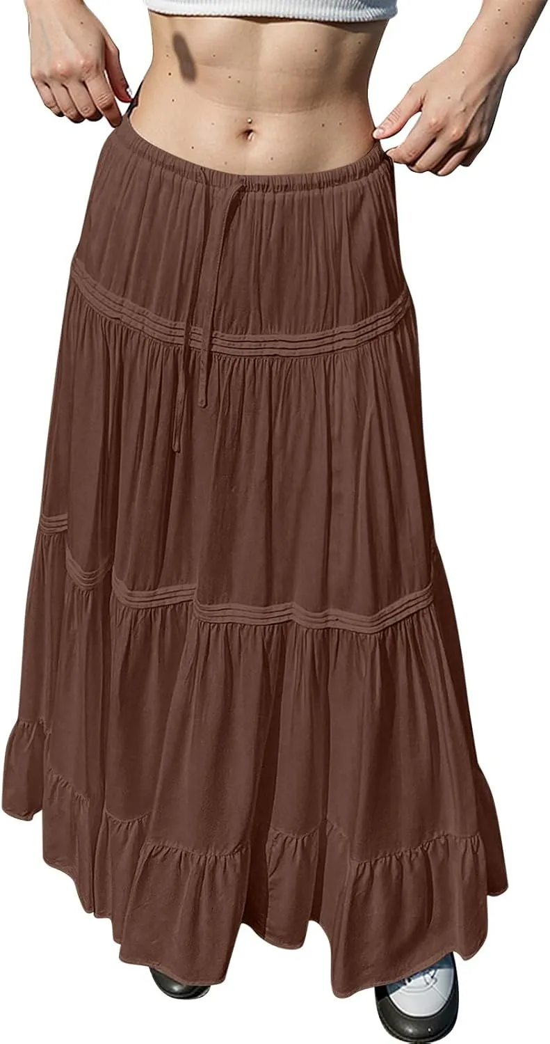 Pleated Linen Skirts for Women Summer Casual Elastic High Waisted Long Skirts A-Line Flowy Swing Maxi Skirt with Pockets