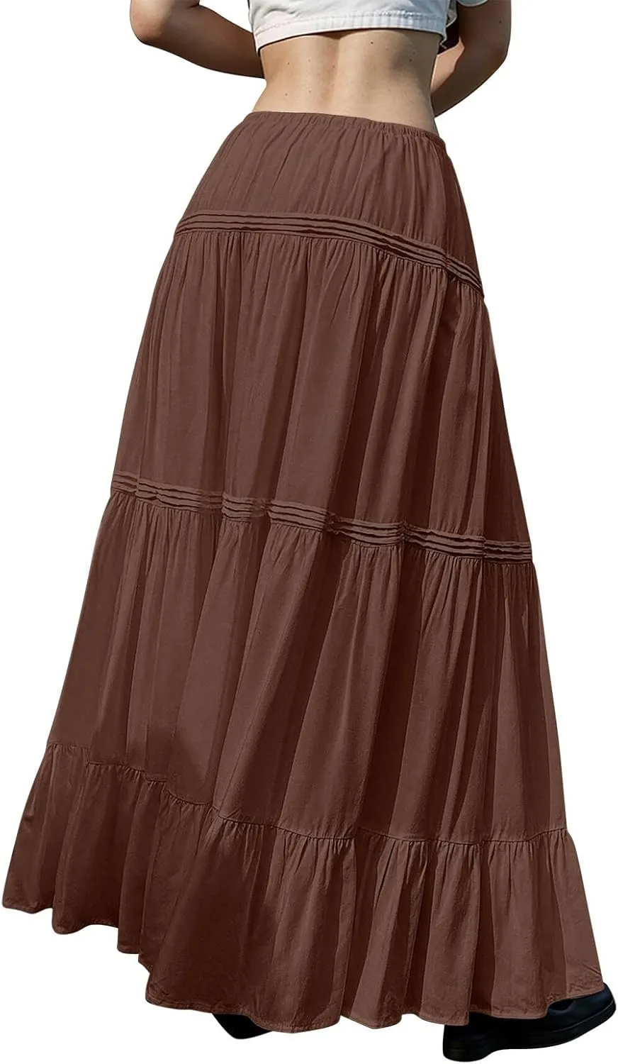 Pleated Linen Skirts for Women Summer Casual Elastic High Waisted Long Skirts A-Line Flowy Swing Maxi Skirt with Pockets