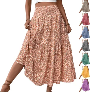 Pleated Skirts for Women Trendy Casual High Waisted Maxi Floral Skirt Flowy Ruffle Hem Lounge Summer Boho Skirts