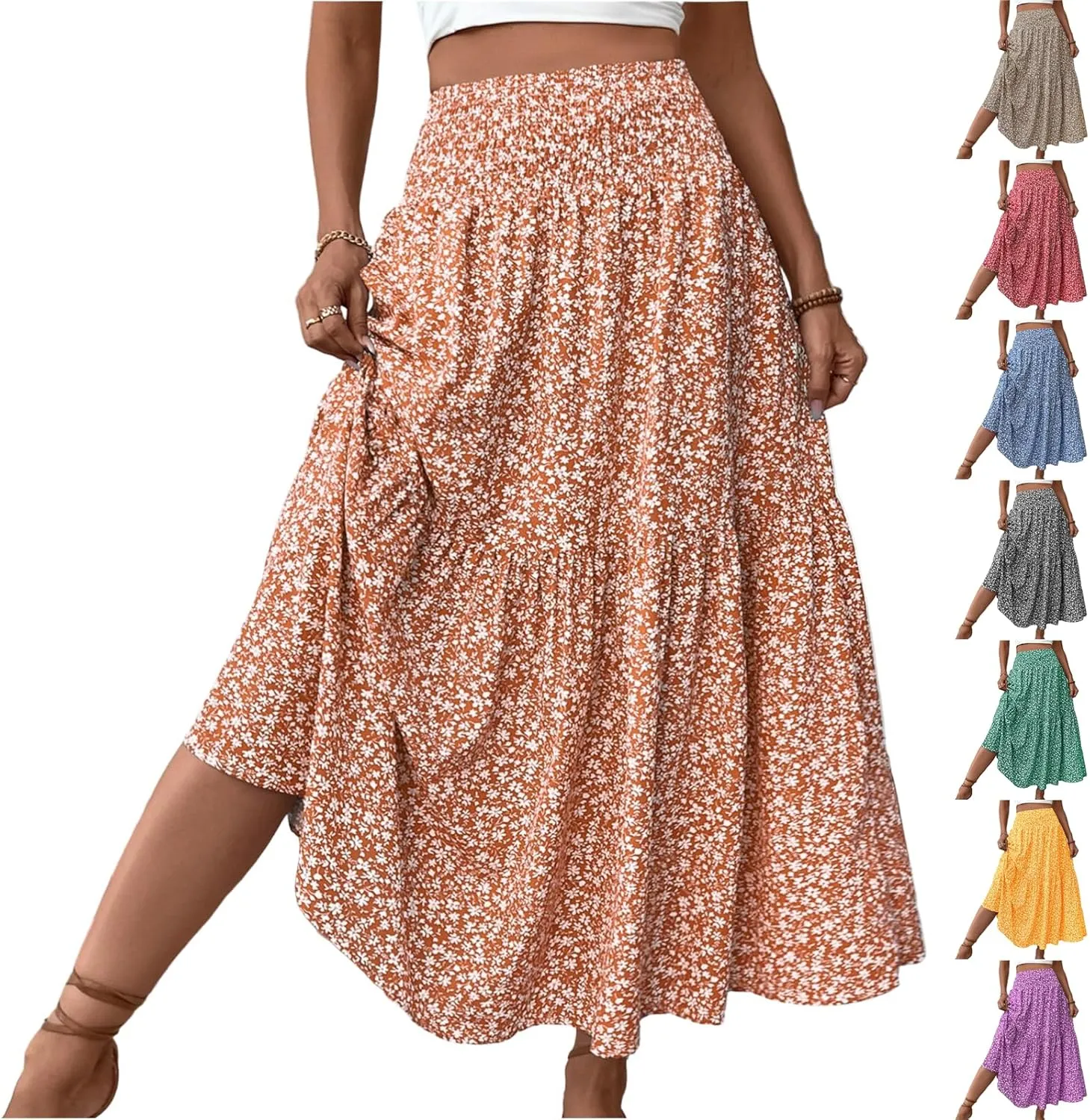 Pleated Skirts for Women Trendy Casual High Waisted Maxi Floral Skirt Flowy Ruffle Hem Lounge Summer Boho Skirts