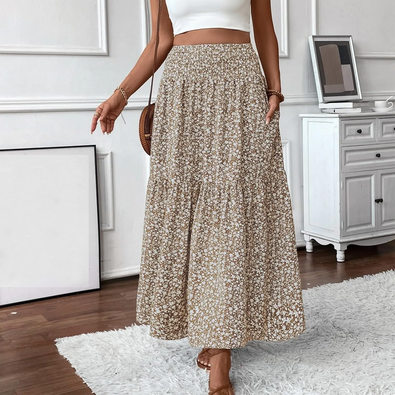 Pleated Skirts for Women Trendy Casual High Waisted Maxi Floral Skirt Flowy Ruffle Hem Lounge Summer Boho Skirts