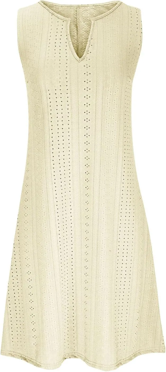 Plus Size Eyelet Dresses for Women Casual Loose Fit Summer Sleeveless v Neck Pleated Flowy Summer Midi Dress