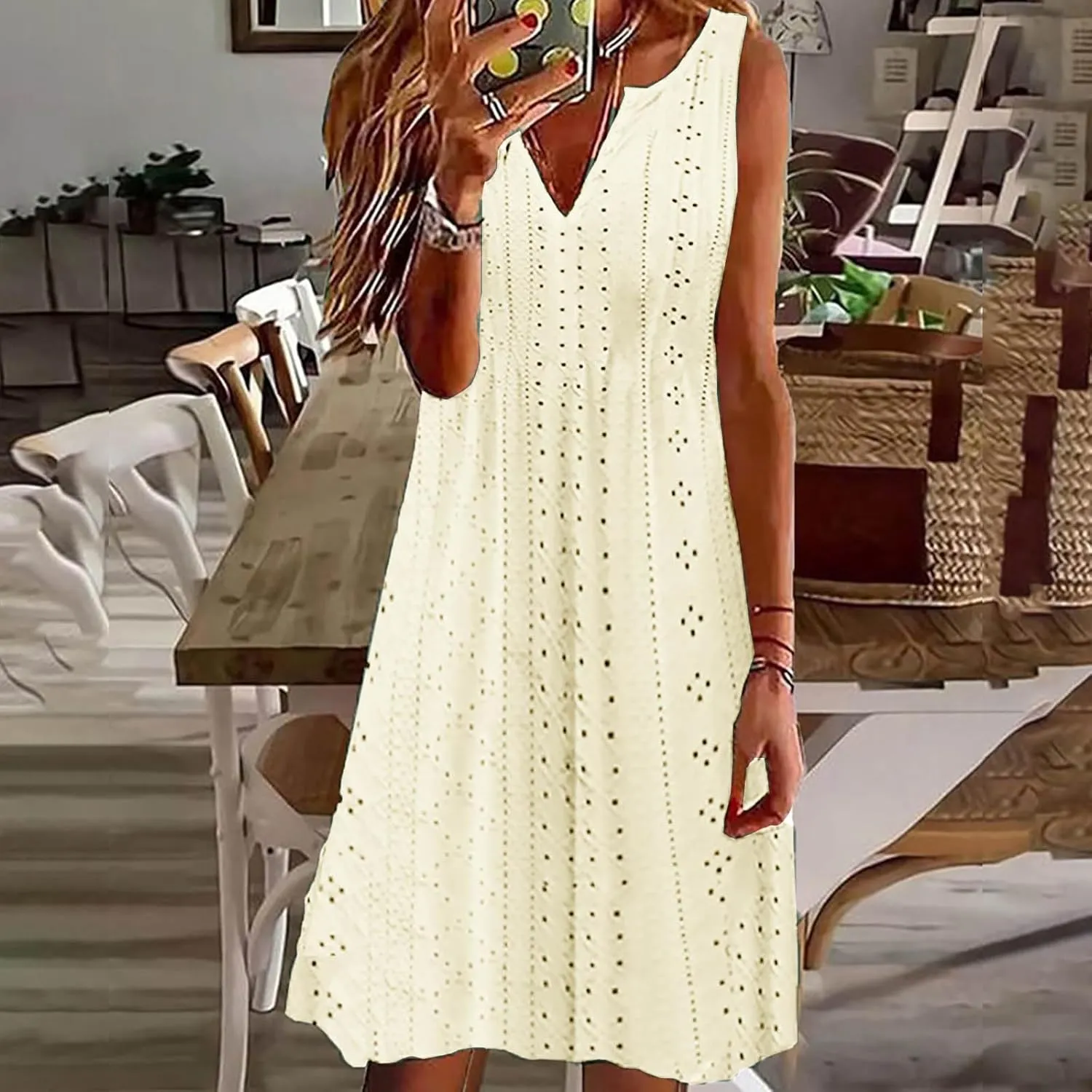 Plus Size Eyelet Dresses for Women Casual Loose Fit Summer Sleeveless v Neck Pleated Flowy Summer Midi Dress