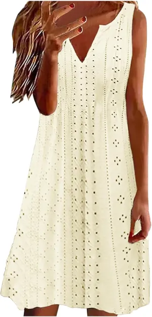 Plus Size Eyelet Dresses for Women Casual Loose Fit Summer Sleeveless v Neck Pleated Flowy Summer Midi Dress