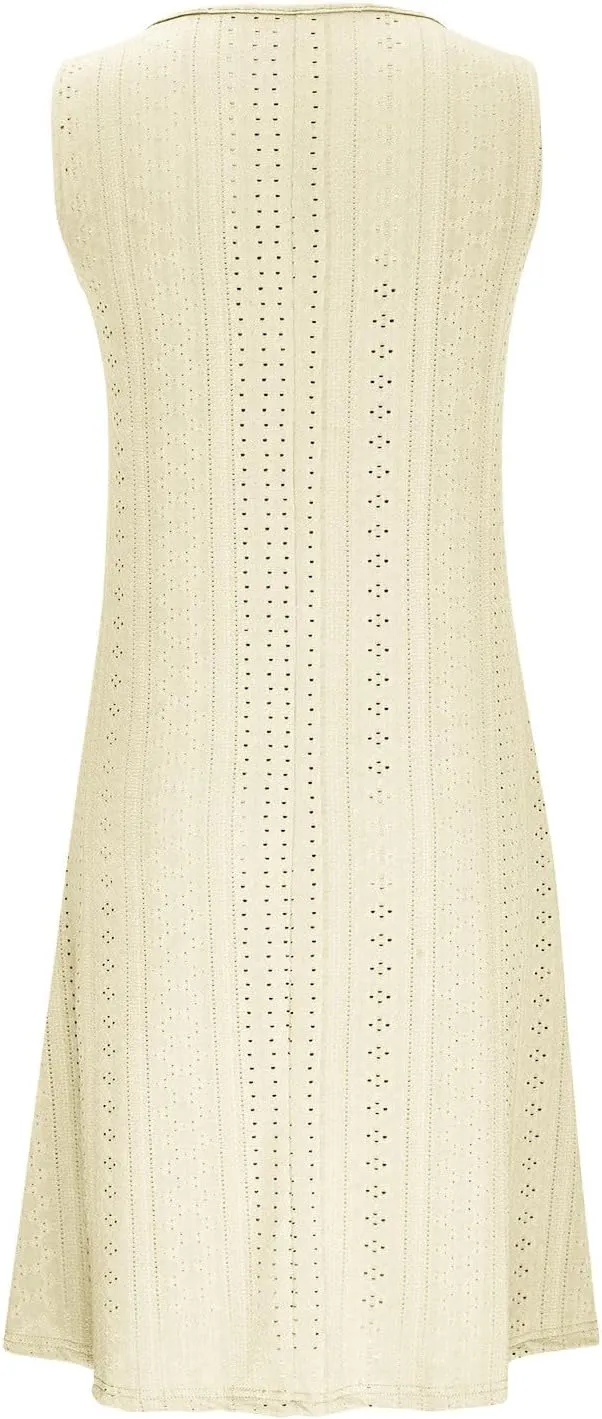 Plus Size Eyelet Dresses for Women Casual Loose Fit Summer Sleeveless v Neck Pleated Flowy Summer Midi Dress