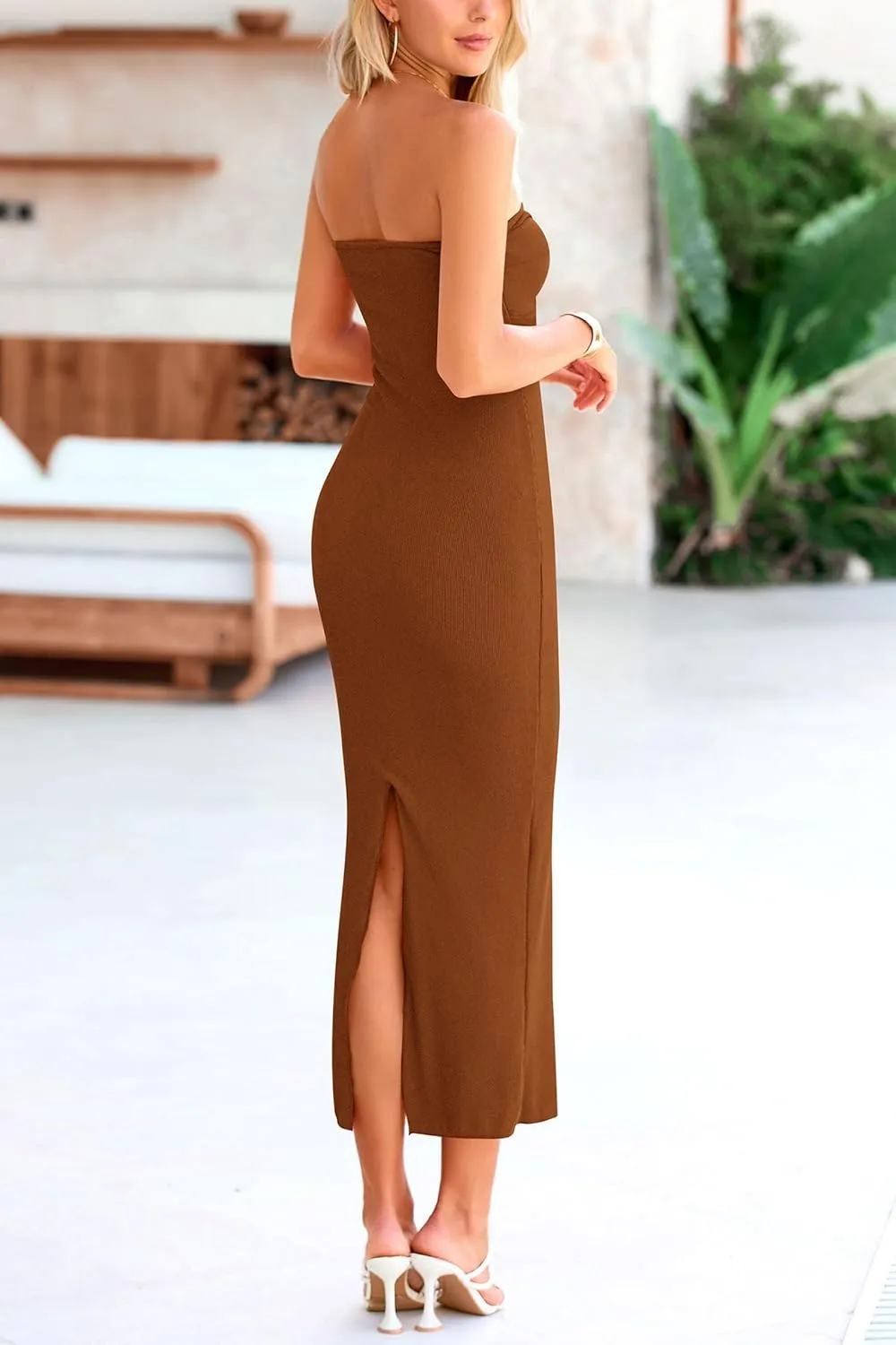 PRETTYGARDEN Women's Bodycon Long Dresses Summer Strapless Tube Twist Knot Front Ribbed Knit Maxi Cocktail Dress with Slit