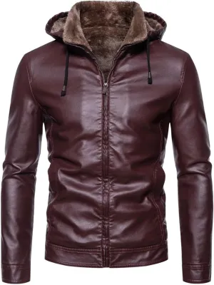 Pu Leather Jacket for Mens Fleece Sherpa Lined Heavyweight Vintage Stand Collar Zip Up Motorcycle Jacket Bomber Jacket