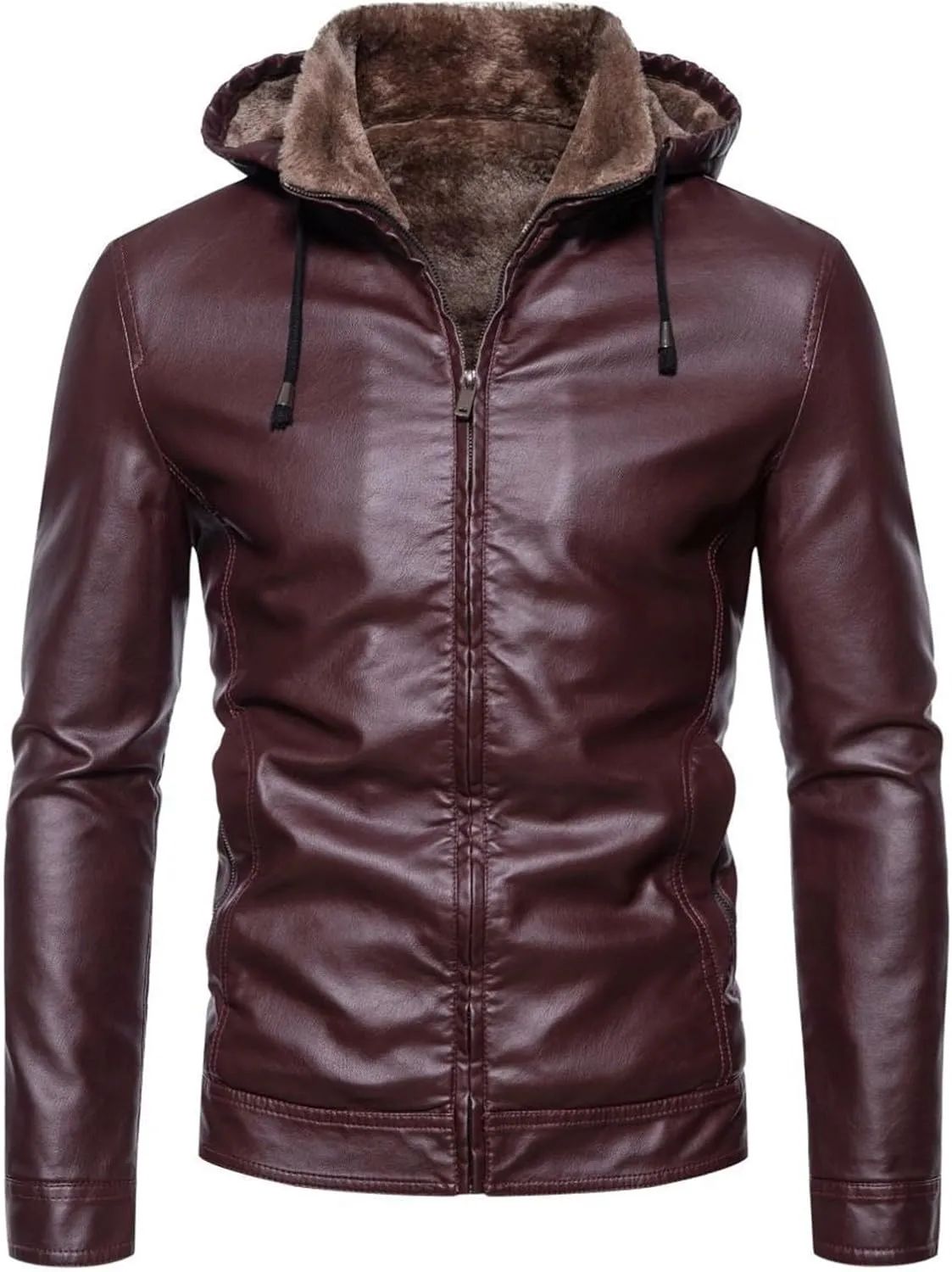 Pu Leather Jacket for Mens Fleece Sherpa Lined Heavyweight Vintage Stand Collar Zip Up Motorcycle Jacket Bomber Jacket