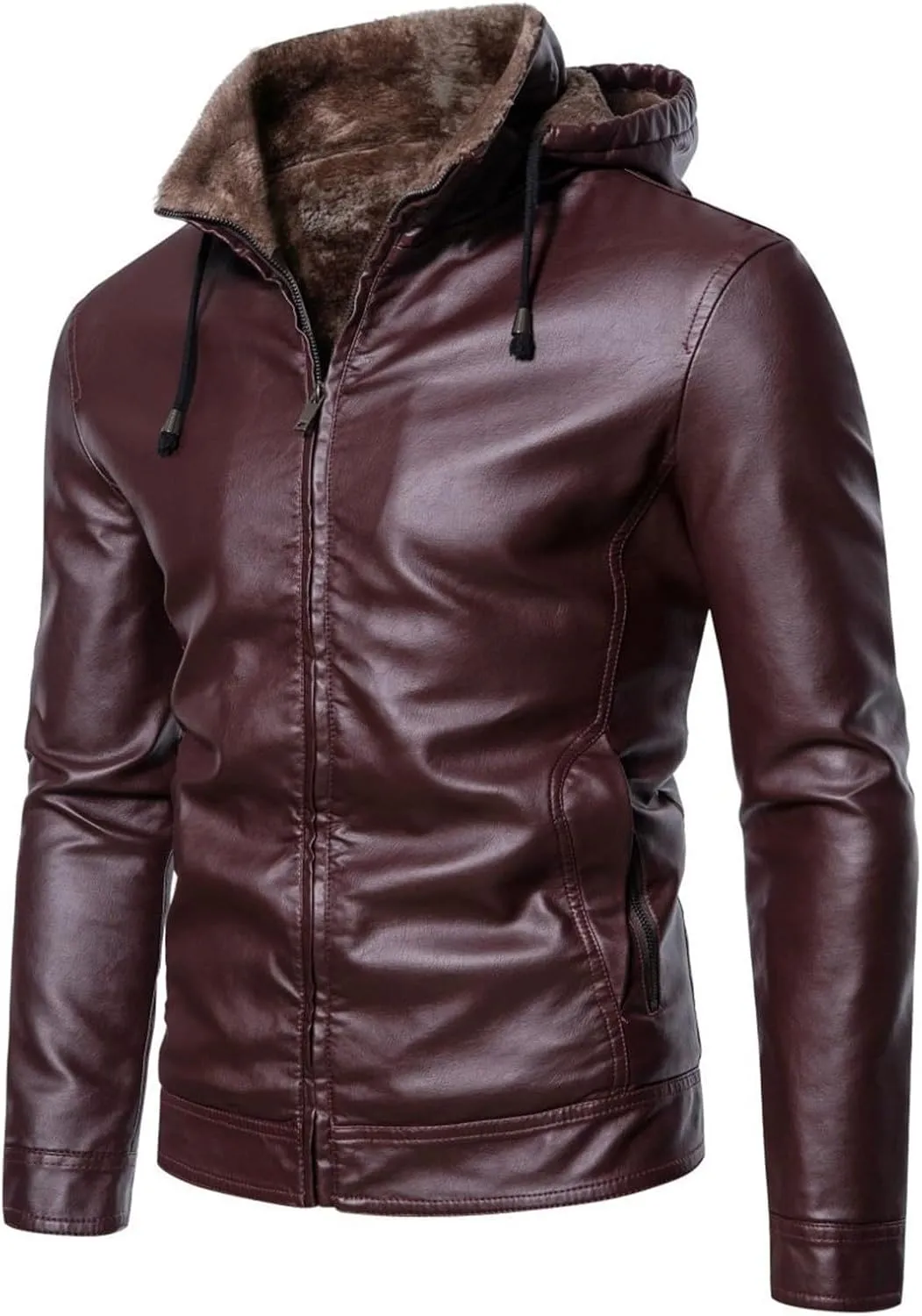 Pu Leather Jacket for Mens Fleece Sherpa Lined Heavyweight Vintage Stand Collar Zip Up Motorcycle Jacket Bomber Jacket