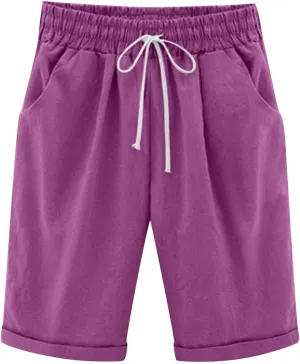 Qeaghou Bermuda Shorts for Women Knee Length Cotton Linen Casual Shorts Drawstring High Waisted Shorts Jogger Athletic Shorts