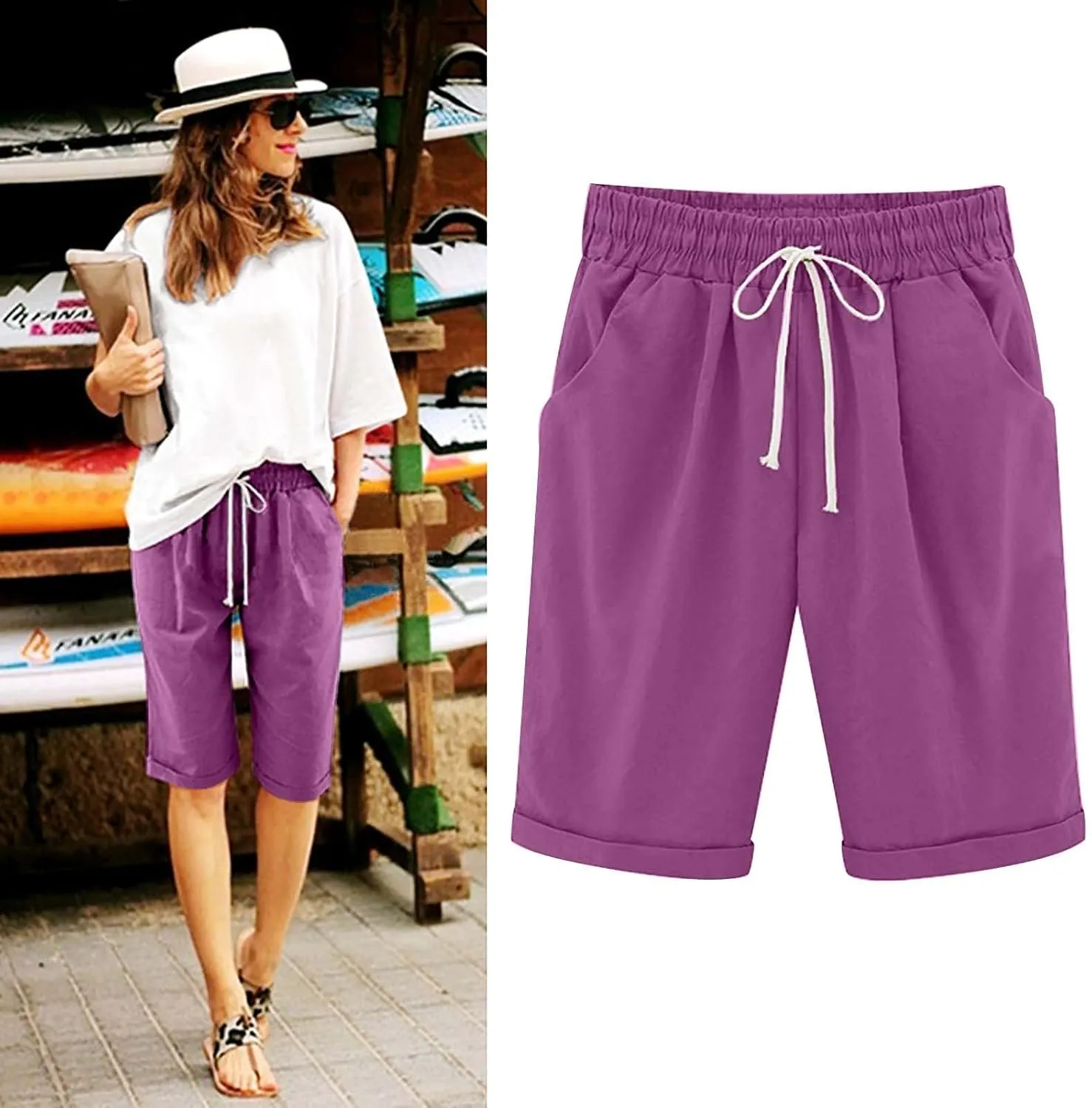 Qeaghou Bermuda Shorts for Women Knee Length Cotton Linen Casual Shorts Drawstring High Waisted Shorts Jogger Athletic Shorts