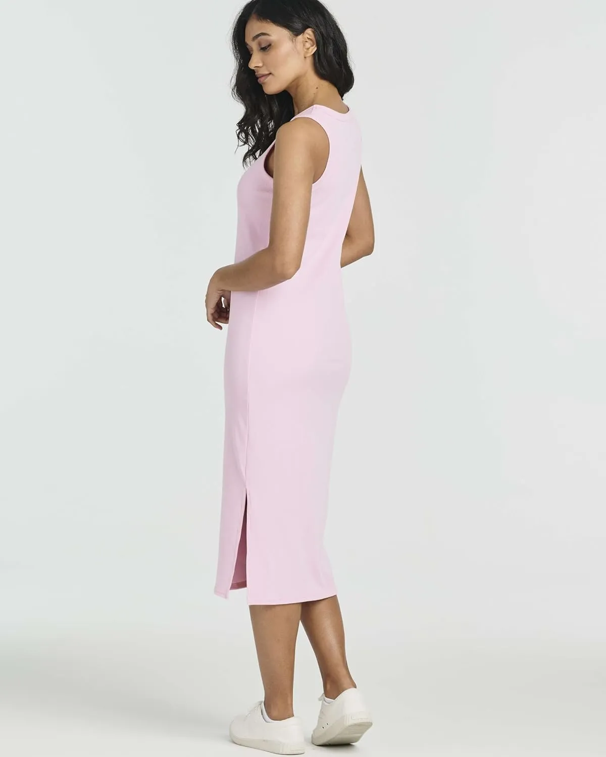 Real Essentials 3 Pack: Women's Ribbed Knit Sleeveless Crew Neck Tank Casual Midi Shift Dress with Slit