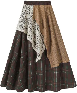 Renaissance Maxi Skirts for Women Plaid A-Line Asymmetrical Skirt High Rise Elastic with Lace Patchwork Retro Dress