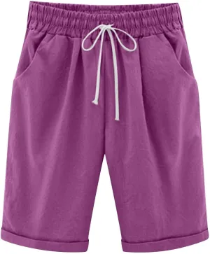 Rvidbe Bermuda Shorts for Women Knee Length High Waisted Casual Trendy Loose Cotton Linen Elastic Waist Shorts with Pockets Women Bermuda Shorts Knee Length Denim Shorts for Women Trendy