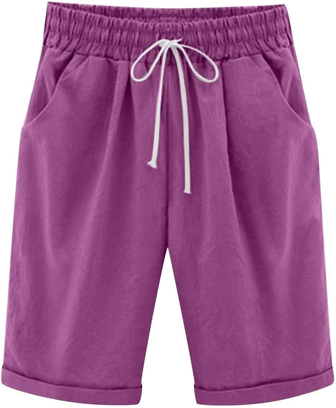 Rvidbe Bermuda Shorts for Women Knee Length High Waisted Casual Trendy Loose Cotton Linen Elastic Waist Shorts with Pockets Women Bermuda Shorts Knee Length Denim Shorts for Women Trendy