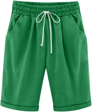 Rvidbe Womens Bermuda Shorts Women's Summer Knee Length Elastic Waist Long Linen Walk Shorts with Pockets Bermuda Shorts for Women Denim Shorts for Women High Waisted