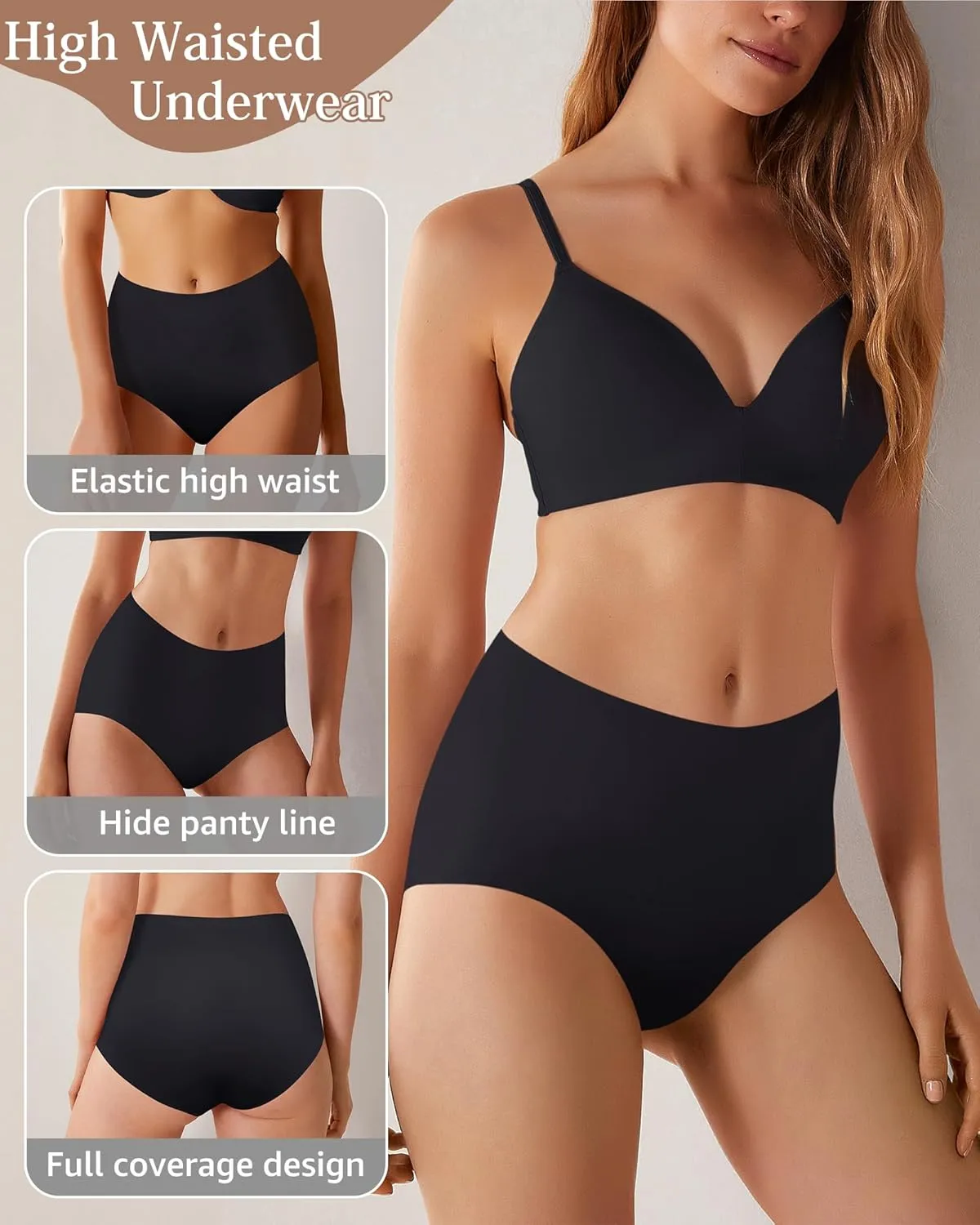 Seamless High Waisted Underwear For Women No Show Panties Full Coverage Soft Briefs 5 Pack S-XXL