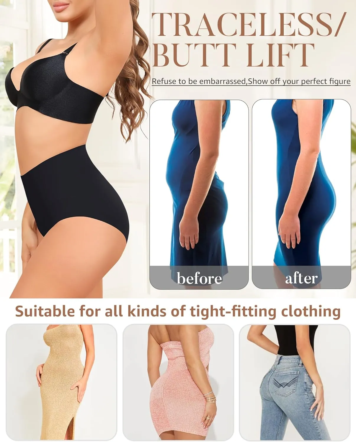 Seamless High Waisted Underwear For Women No Show Panties Full Coverage Soft Briefs 5 Pack S-XXL
