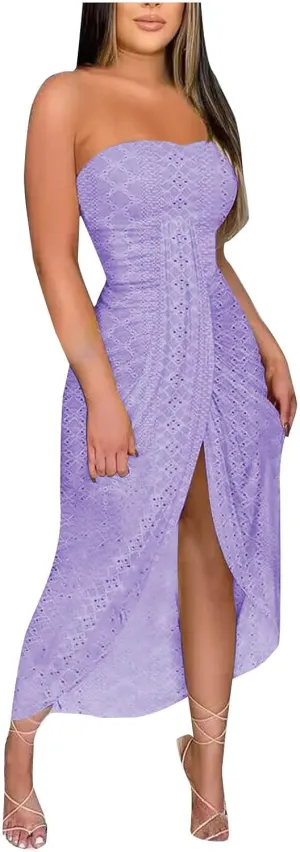 Sexy Strapless Ruched Summer Dresses for Women Trendy Eyelet High Waist Wrap Split Beach Cocktail Maxi Dresses