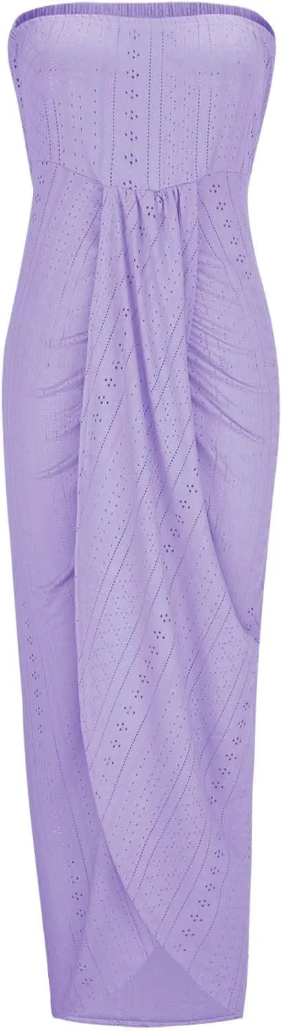 Sexy Strapless Ruched Summer Dresses for Women Trendy Eyelet High Waist Wrap Split Beach Cocktail Maxi Dresses