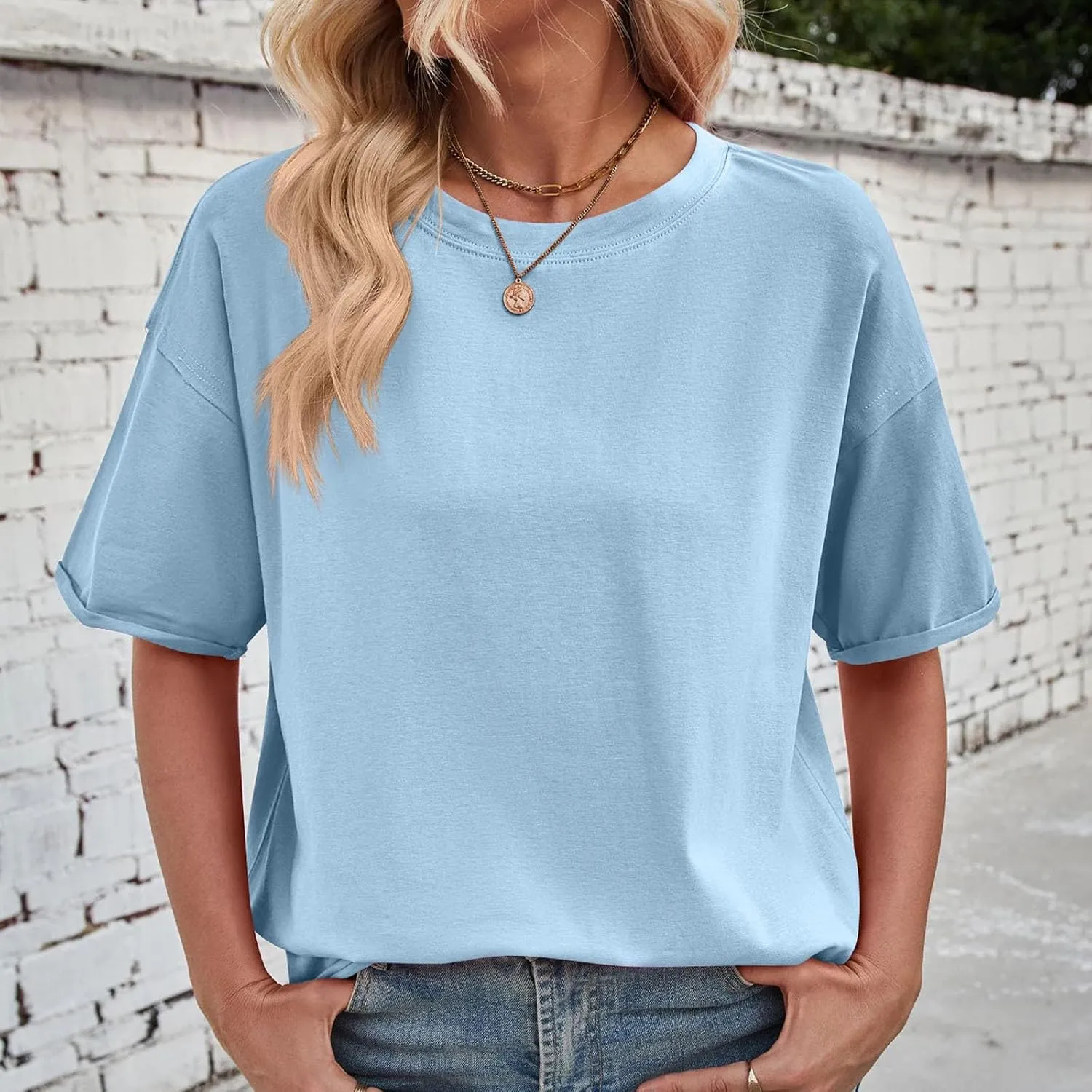 Short Sleeve Shirts for Women Loose Fit Cotton Casual Tops Oversized Reverse Seam Y2k Shirts Cozy Crewneck Basic Tees