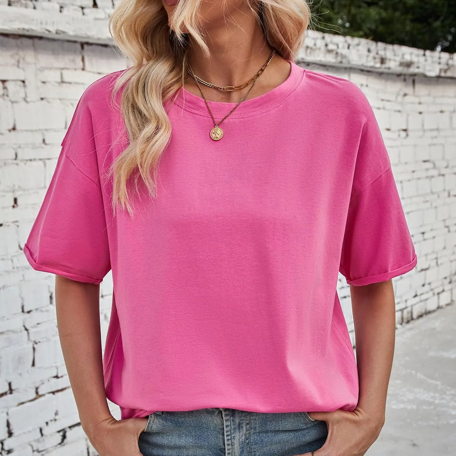 Short Sleeve Shirts for Women Loose Fit Cotton Casual Tops Oversized Reverse Seam Y2k Shirts Cozy Crewneck Basic Tees
