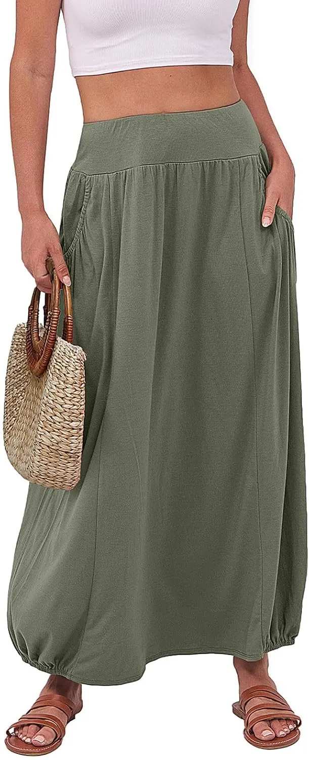 Skirts for Women Summer Boho Maxi Skirt with Pockets Elastic High Waist Casual Bohemian Dresses Spring A Line Dress