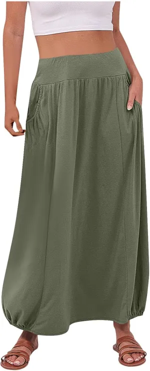 Skirts for Women Summer Boho Maxi Skirt with Pockets Elastic High Waist Casual Bohemian Dresses Spring A Line Dress